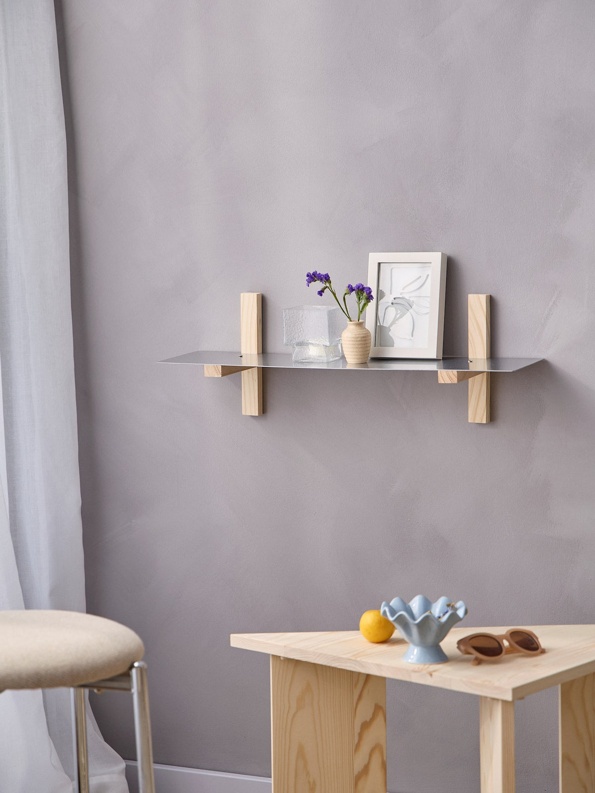 Pine and steel wall shelf