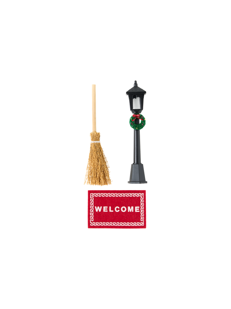 Miniature street lamp and broom set