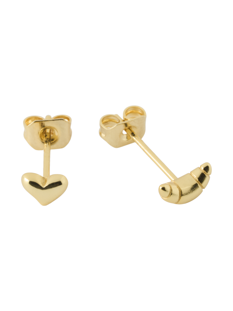 Heart and croissant stud earrings
